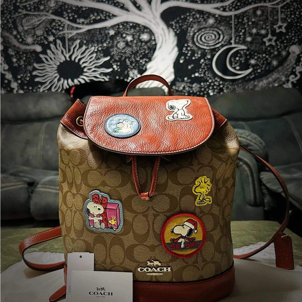 Coach Peanuts Snoopy Backpack Leather Backpack with Cartoon Patches - Picture 3 of 16